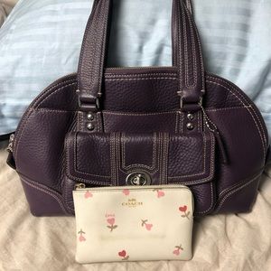 Purple coach bag with white wallet